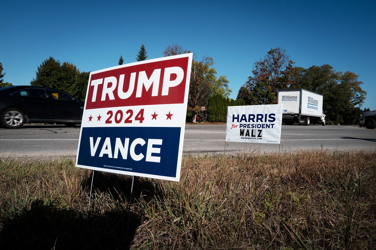 Signs showing support for both Democratic presidential candidate Vice President Kamala Harris and Republican presidential candidate former President Donald Trump sit along a rural highway on September 26, 2024 near Traverse City, Michigan. (Scott Olson/Getty Images)
