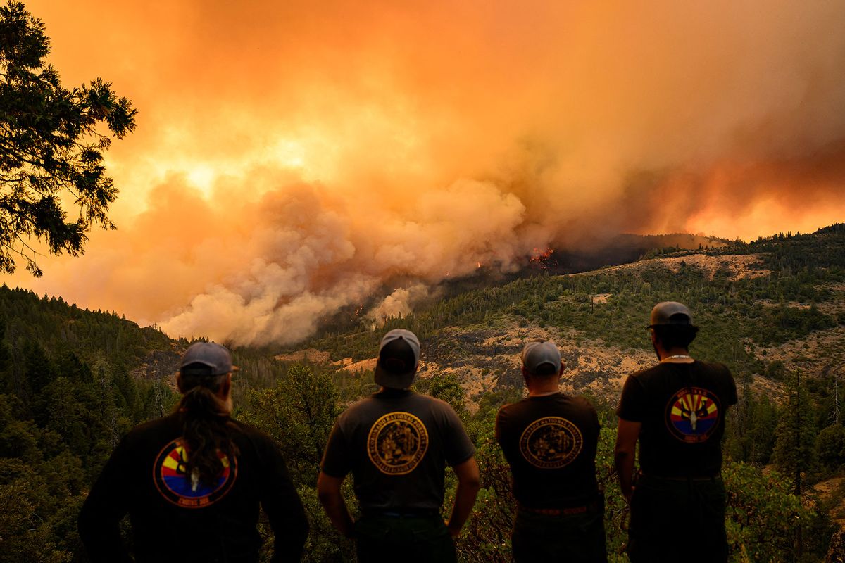 Firefighters watch as flames and smoke move through a valley in the Forest Ranch area of Butte County as the Park Fire continues to burn near Chico, California, on July 26, 2024. (JOSH EDELSON/AFP via Getty Images)