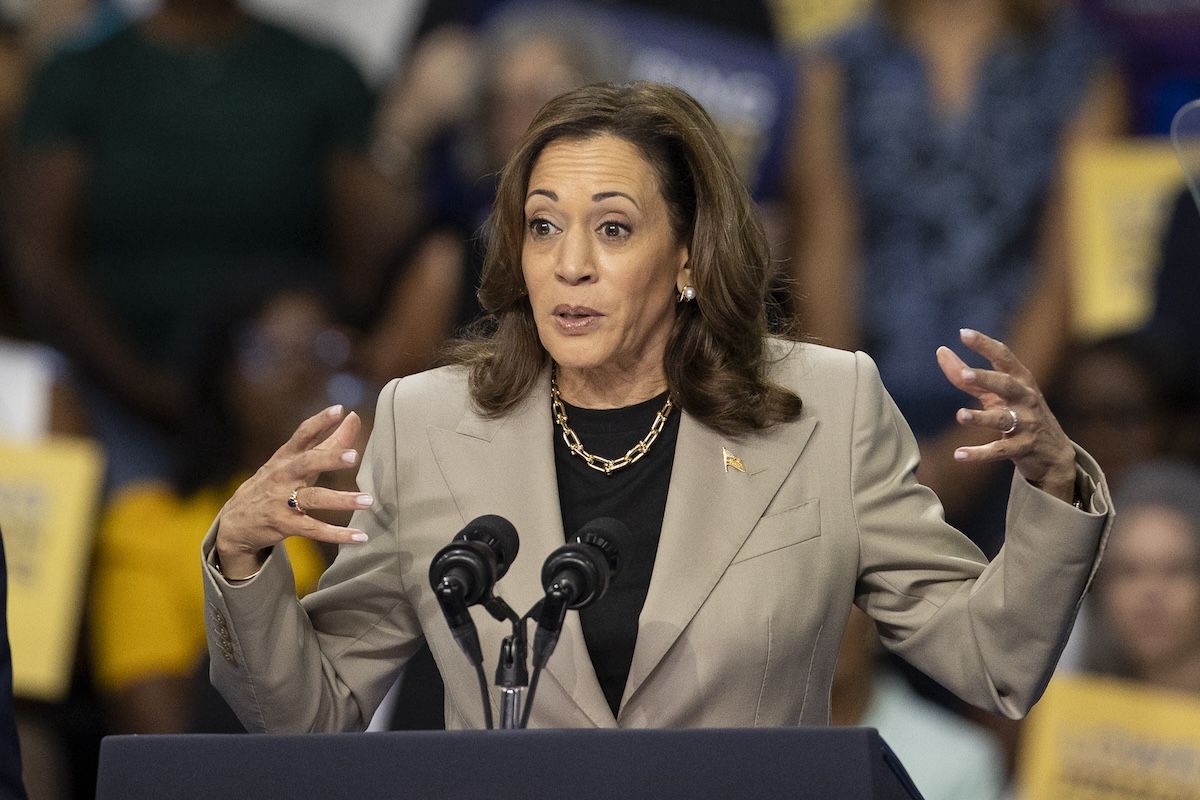 MARYLAND, UNITED STATES - AUGUST 15: U.S. President Joe Biden (not seen) and Vice President Kamala Harris attend event on Medicare drug price negotiations in Prince George's County in Maryland, United States on August 15, 2024.  (Photo by Mostafa Bassim/Anadolu via Getty Images)