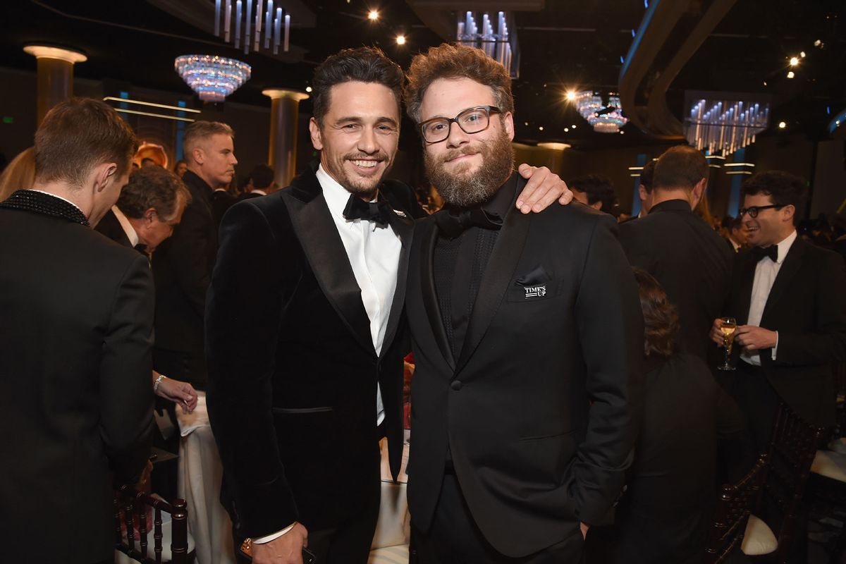 Actors/filmmakers James Franco (L) and Seth Rogen celebrate The 75th Annual Golden Globe Awards with Moet & Chandon at The Beverly Hilton Hotel on January 7, 2018 in Beverly Hills, California. (Michael Kovac/Getty Images for Moet & Chandon)