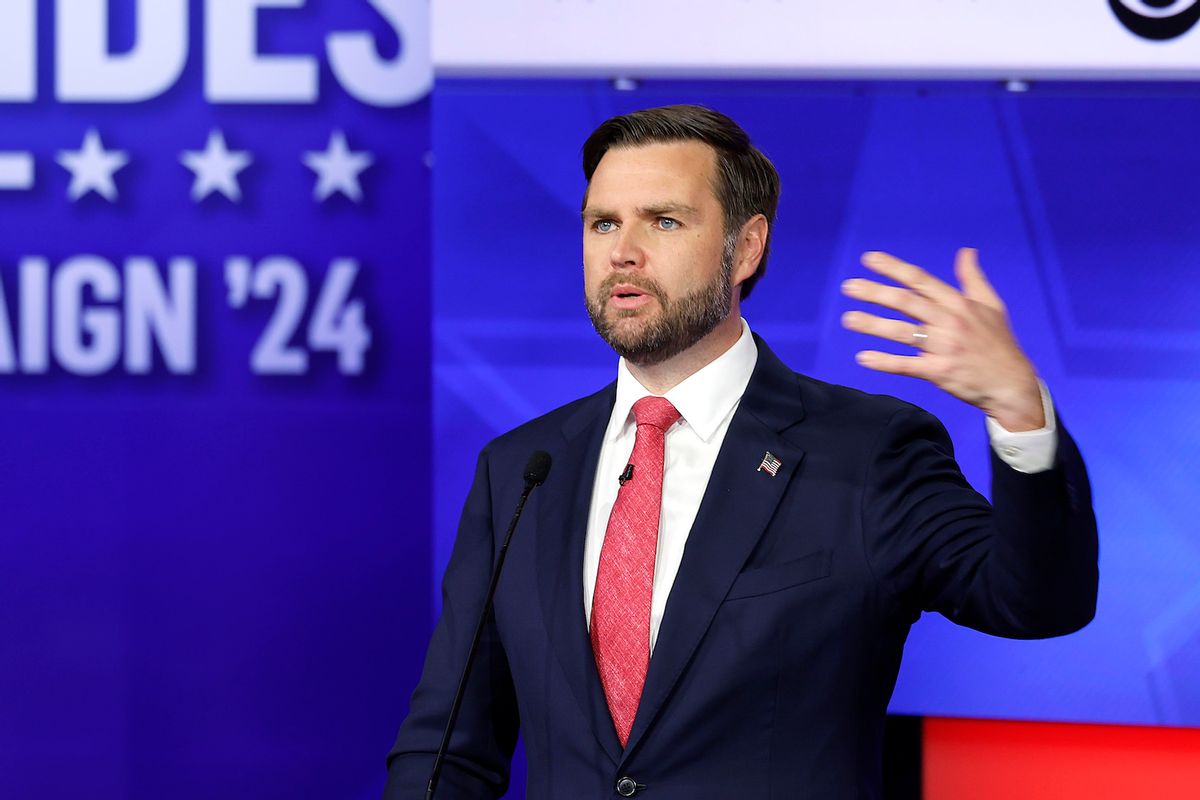 Republican vice presidential candidate Sen. JD Vance (R-OH) participates in a debate at the CBS Broadcast Center on October 1, 2024 in New York City. This is expected to be the only vice presidential debate of the 2024 general election. (Photo by Chip Somodevilla/Getty Images)