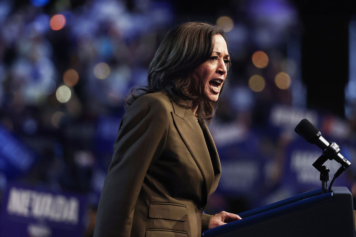 Democratic presidential nominee, Vice President Kamala Harris speaks during a campaign rally at the Expo at World Market Center on September 29, 2024 in Las Vegas, Nevada. (Mario Tama/Getty Images)