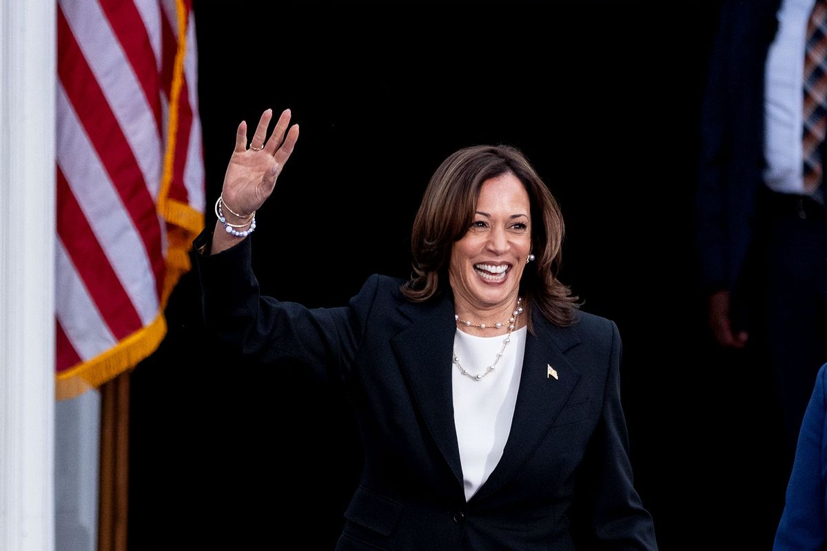 Vice President and Democratic Presidential nominee Kamala Harris walks out with former US representative Liz Cheney during a rally at Ripon College on October 3, 2024 in Ripon, Wisconsin. (Jim Vondruska/Getty Images)