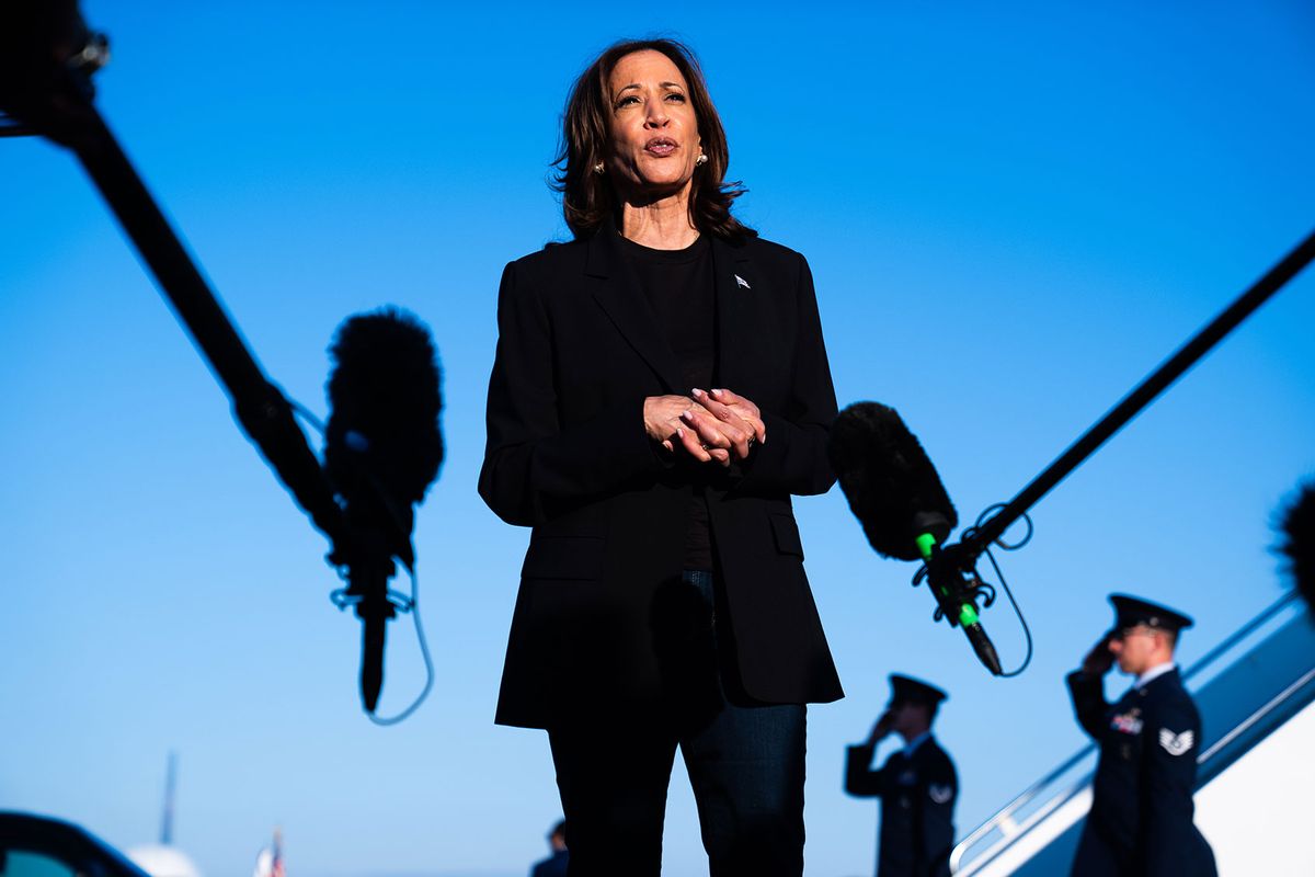 Democratic presidential nominee Vice President Kamala Harris speaks with the press at Charlotte Douglas International Airport in Charlotte, North Carolina on Saturday, October 5, 2024. (Demetrius Freeman/The Washington Post via Getty Images)