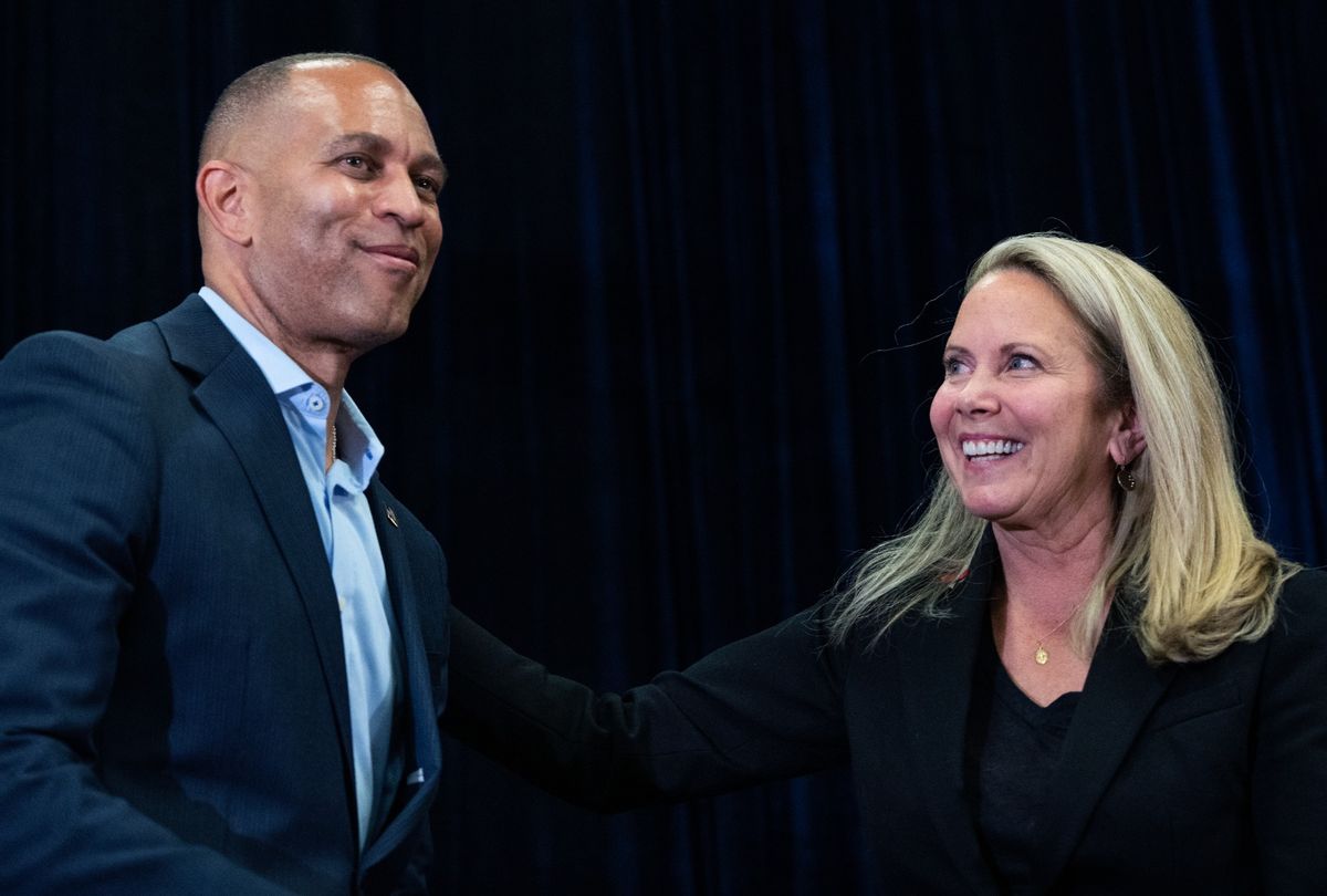 Laura Gillen, Democratic candidate for New York's 4th Congressional District, and House Minority Leader Hakeem Jeffries, D-N.Y., attend a campaign rally in Hempstead, N.Y., on Thursday, October 17, 2024.  (Tom Williams/CQ-Roll Call, Inc via Getty Images)