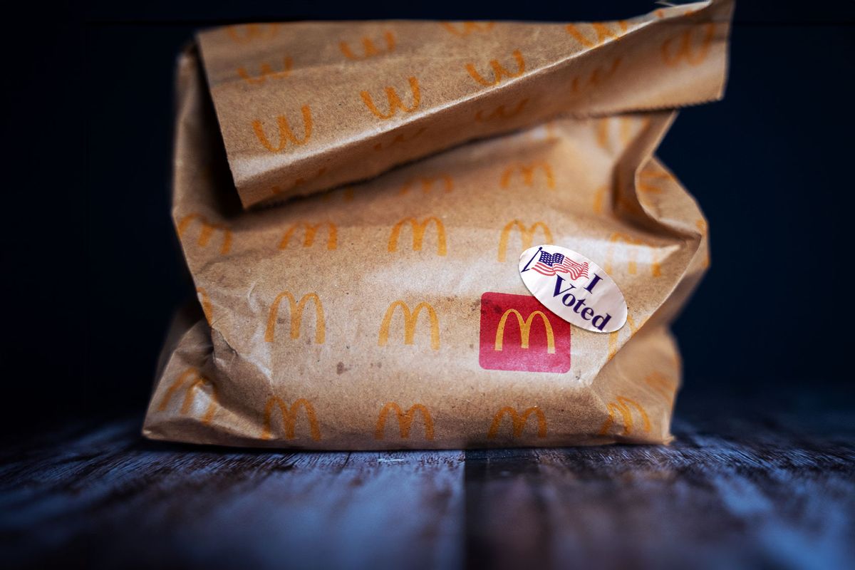 McDonald's bag with an "I Voted Sticker" stuck on (Photo illustration by Salon/Getty Images)