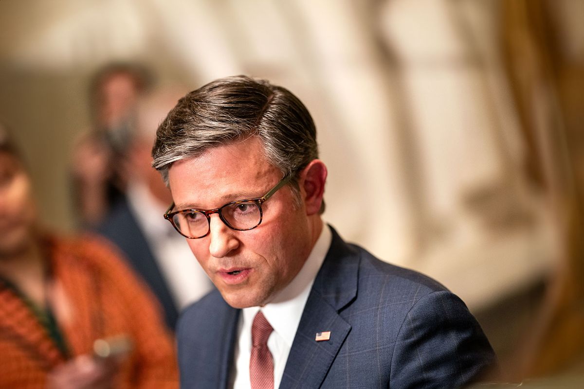 U.S. House Speaker Mike Johnson (R-LA) talks to reporters following vote on a stopgap government funding bill at the Capitol on September 25, 2024 in Washington, DC. (Kent Nishimura/Getty Images)