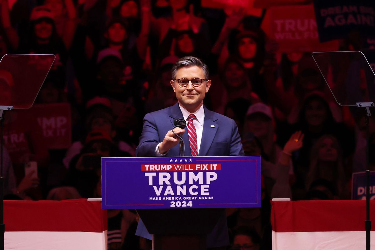 Speaker of the House Rep. Mike Johnson (R-LA) speaks before Republican presidential nominee, former U.S. President Donald Trump takes the stage at the campaign rally at Madison Square Garden on October 27, 2024 in New York City. (Michael M. Santiago/Getty Images)