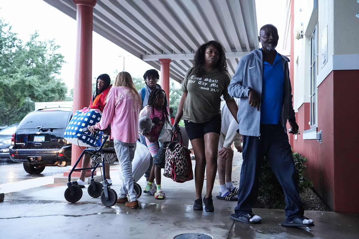 Hundreds take shelter at Virgil Mills Elementary School ahead of Hurricane Milton, in Palmetto, Florida, United States on October 09, 2024. People spent the night at a school with their pets, sleeping on air mattresses. (Lokman Vural Elibol/Anadolu via Getty Images)