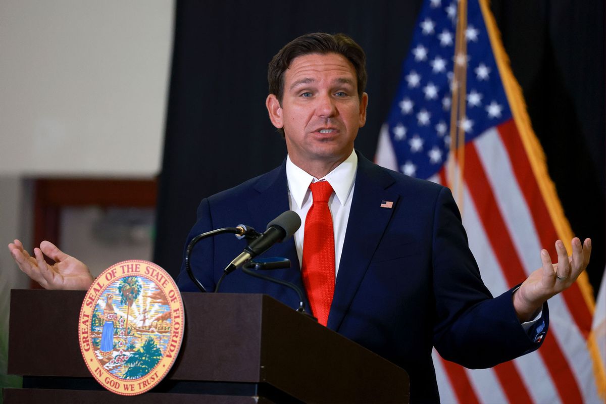 Florida Gov. Ron DeSantis speaks during a press conference regarding an apparent assassination attempt of former President Donald Trump on September 17, 2024 in West Palm Beach, Florida. (Joe Raedle/Getty Images)