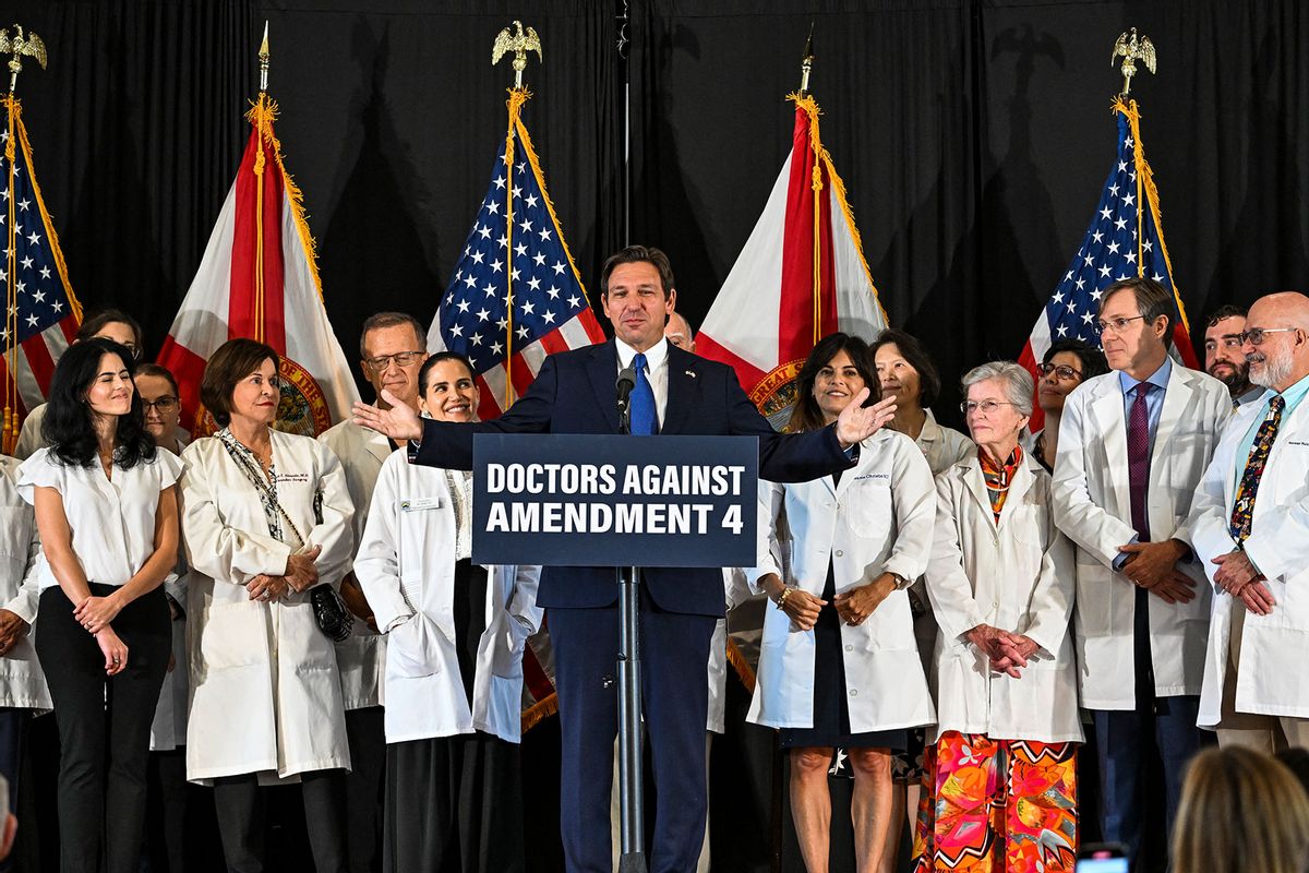 Florida Governor Ron DeSantis speaks during an event with Florida Physicians Against Amendment 4 in Coral Gables, Florida on October 21, 2024. (CHANDAN KHANNA/AFP via Getty Images)