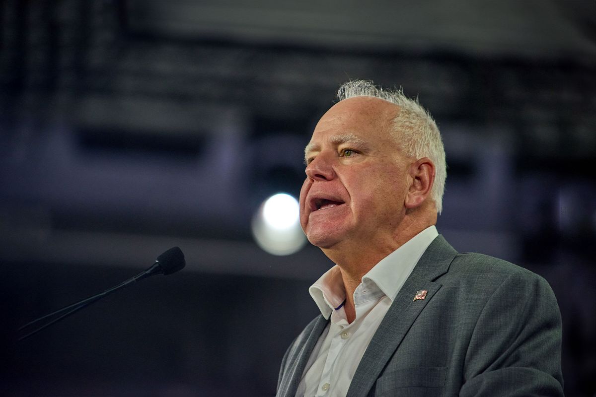 Democratic Vice Presidential nominee, Minnesota Gov. Tim Walz, speaks during a rally York Expo Center in York, PA, for the 2024 US presidential campaign, Wednesday, Oct. 2, 2024. (DOMINIC GWINN/Middle East Images/AFP via Getty Images)