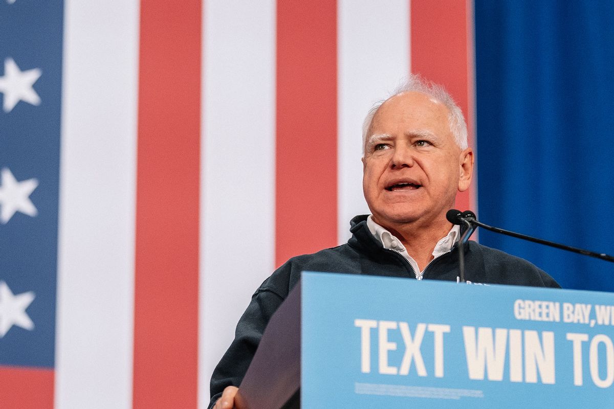 Democratic vice presidential nominee, Minnesota Gov. Tim Walz, speaks at a rally to kick off his "Driving Forward" Blue Wall Bus Tour at the KI convention center on October 14, 2024 in Green Bay, Wisconsin. (Jim Vondruska/Getty Images)