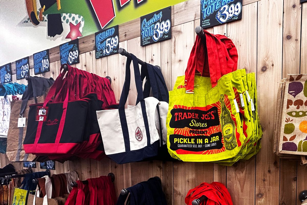 Variety of burlap and fabric reusable tote bags at Trader Joes supermarket, Queens, New York. (Lindsey Nicholson/UCG/Universal Images Group via Getty Images)