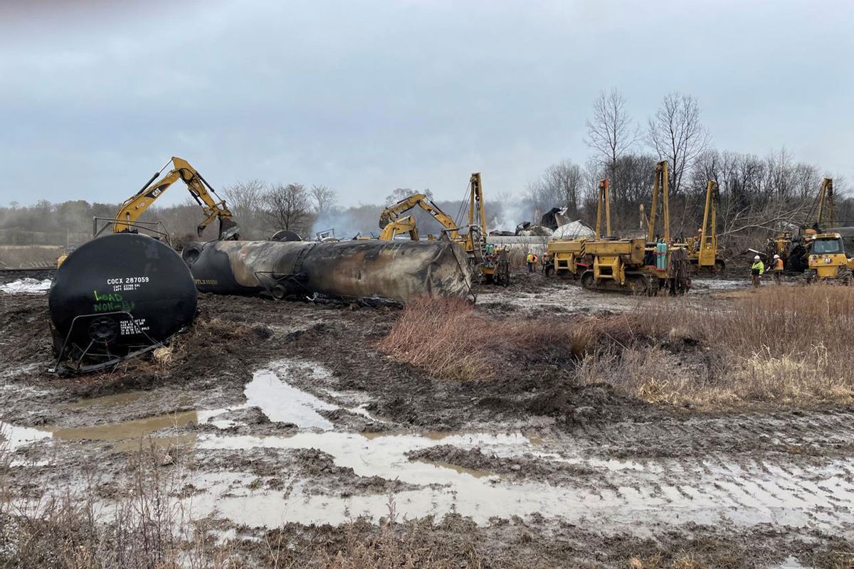 Officials continue to conduct operation and inspect the area after the train derailment in East Palestine, Ohio, United States on February 17, 2023. (US Environmental Protection Agency / Handout/Anadolu Agency via Getty Images)