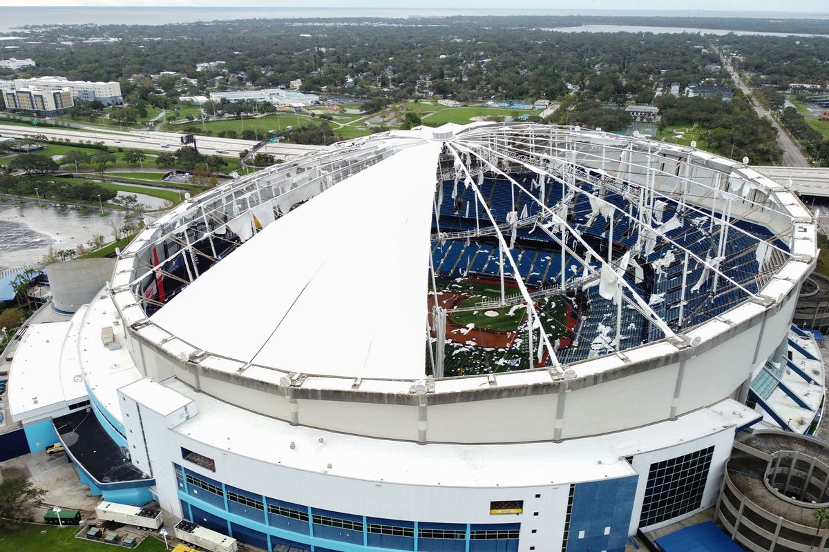 A drone image shows the dome of Tropicana Field which has been torn open due to Hurricane Milton in St. Petersburg, Florida, on October 10, 2024. (BRYAN R. SMITH/AFP via Getty Images)