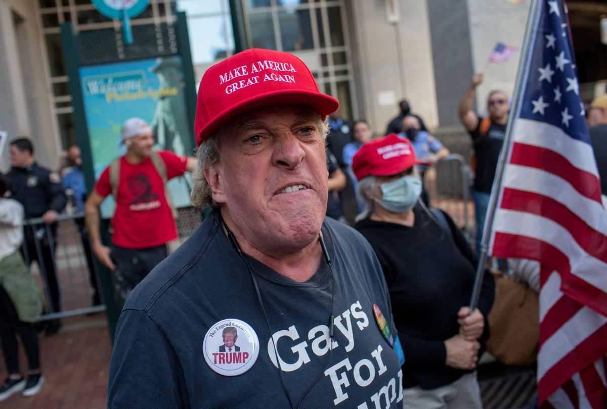 A small gathering of Trump supporters protest over false claims that the election was stolen, November 7, 2020 in Philadelphia, Pennsylvania. (Andrew Lichtenstein/Corbis via Getty Images)