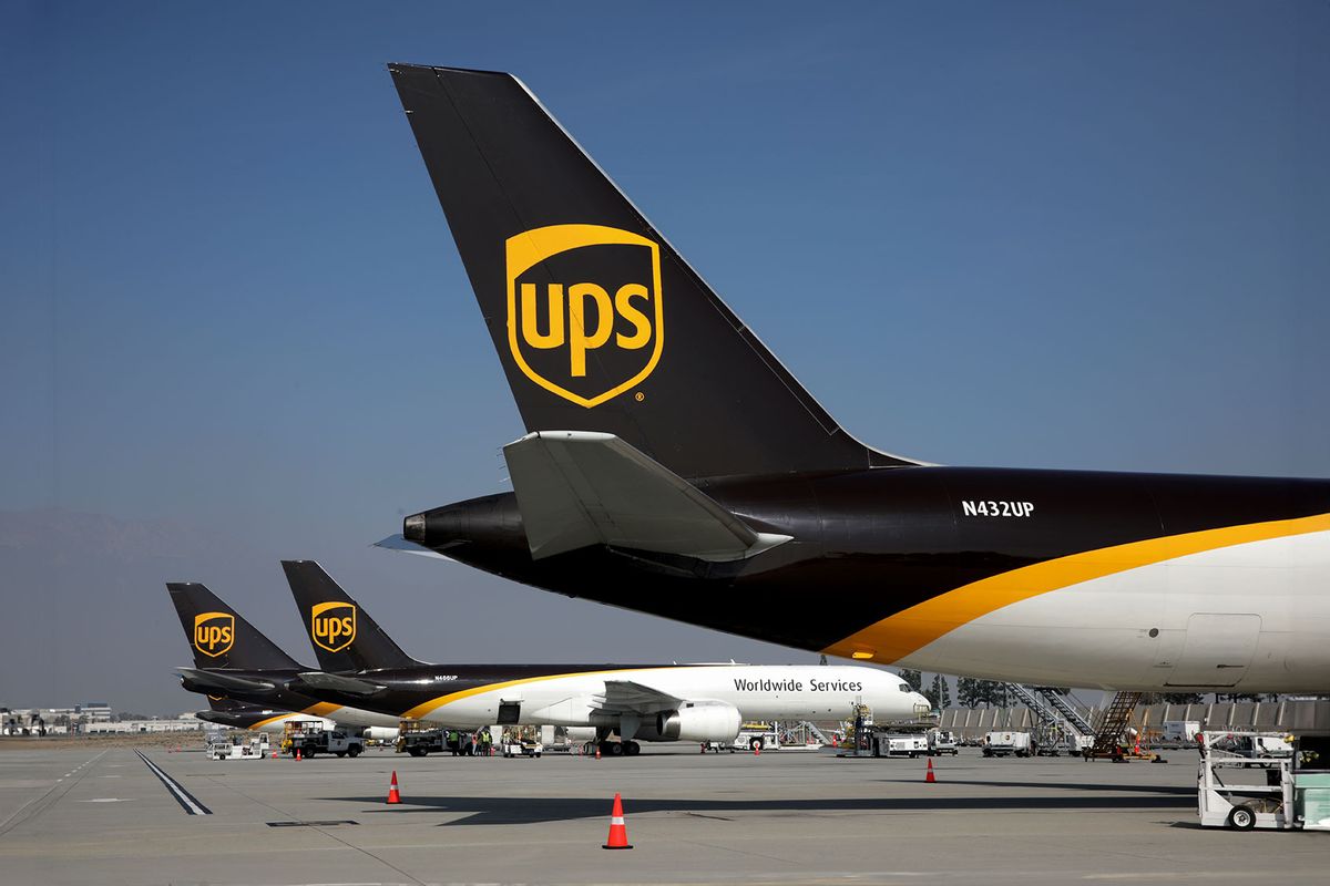 Packages are being loaded onto UPS planes for shipment at the UPS West Coast Region Air Hub on Tuesday, Nov. 2, 2021 in Ontario, CA. (Irfan Khan / Los Angeles Times via Getty Images)