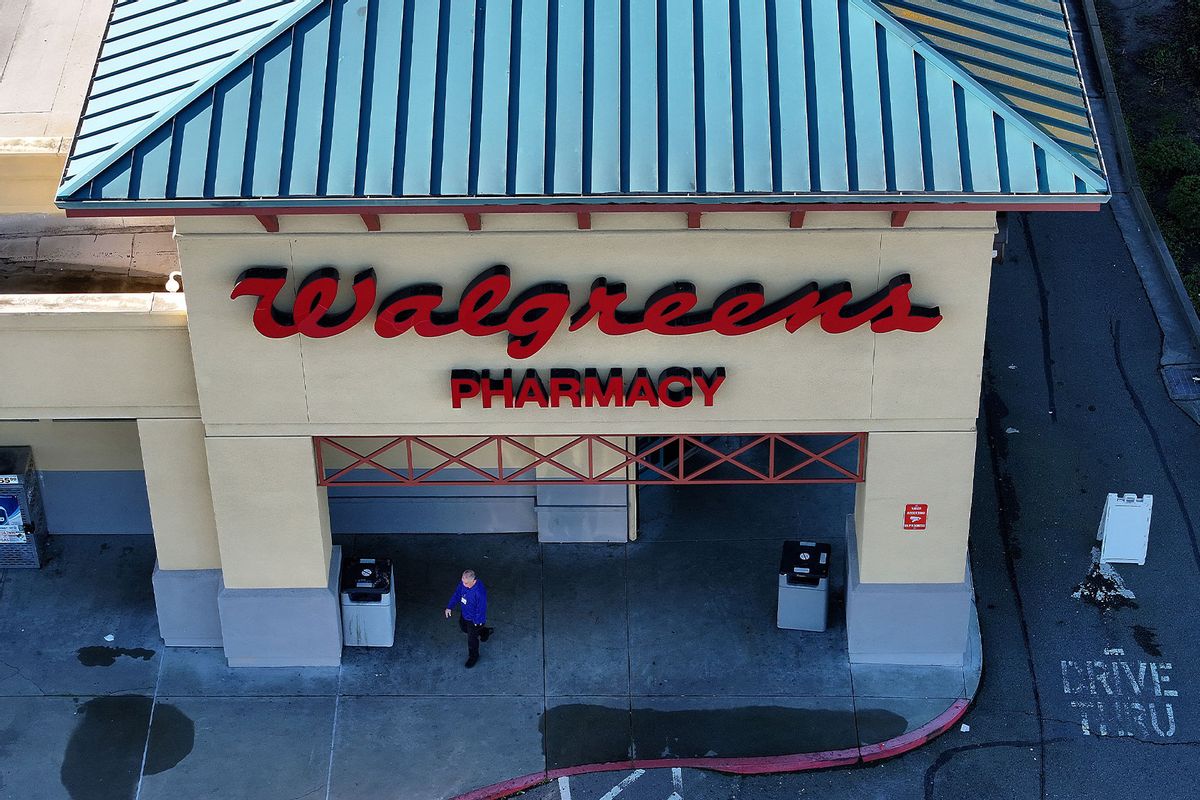 In an aerial view, a customer leaves a Walgreens store on January 04, 2024 in San Pablo, California. (Justin Sullivan/Getty Images)