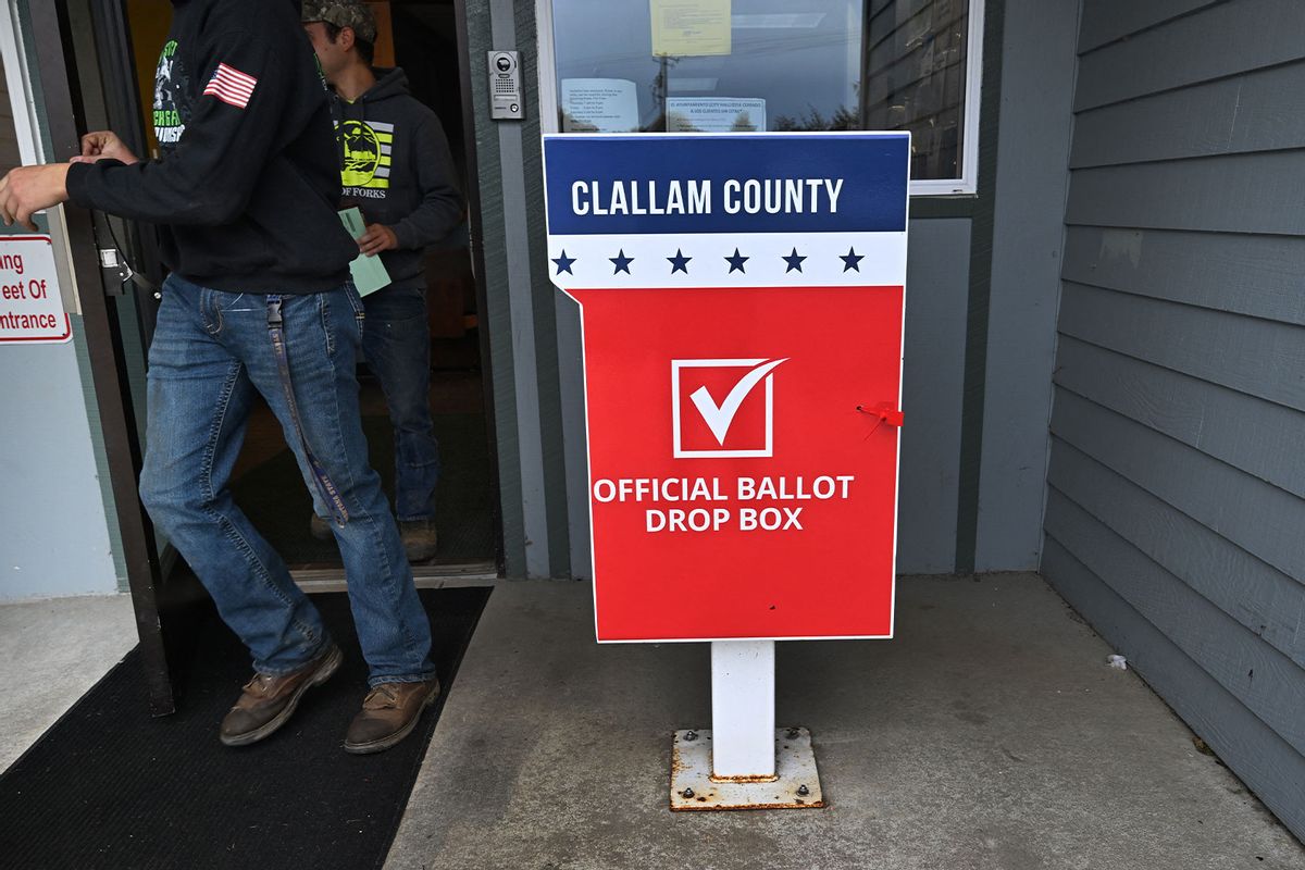 The one ballot drop box for the US presidential election in Fork, Washington is seen in front of the city's administrative building on October 15, 2024 in Clallam County. (ROBYN BECK/AFP via Getty Images)