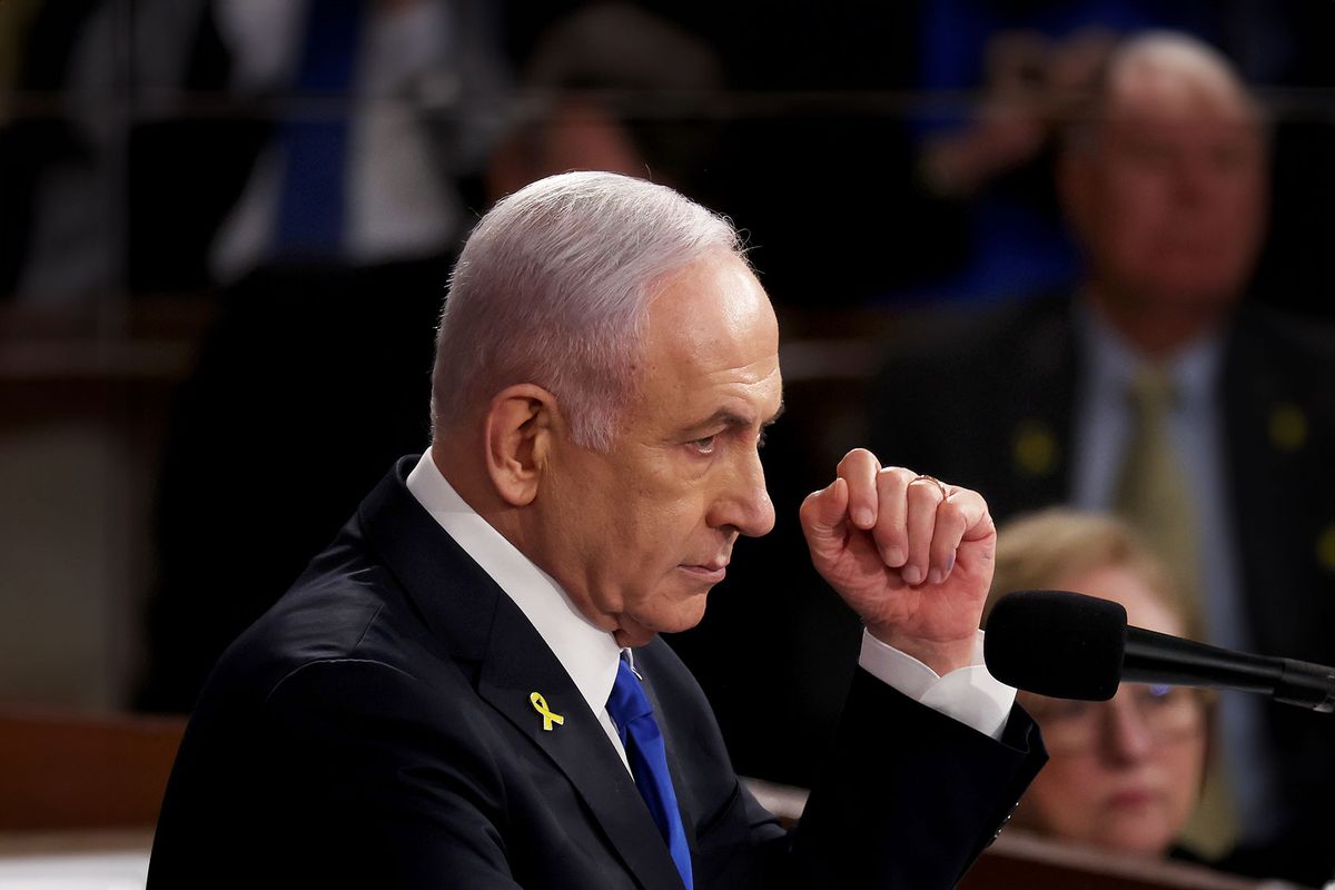 Israeli Prime Minister Benjamin Netanyahu addresses a joint meeting of Congress in the chamber of the House of Representatives at the U.S. Capitol on July 24, 2024 in Washington, DC. (Justin Sullivan/Getty Images)