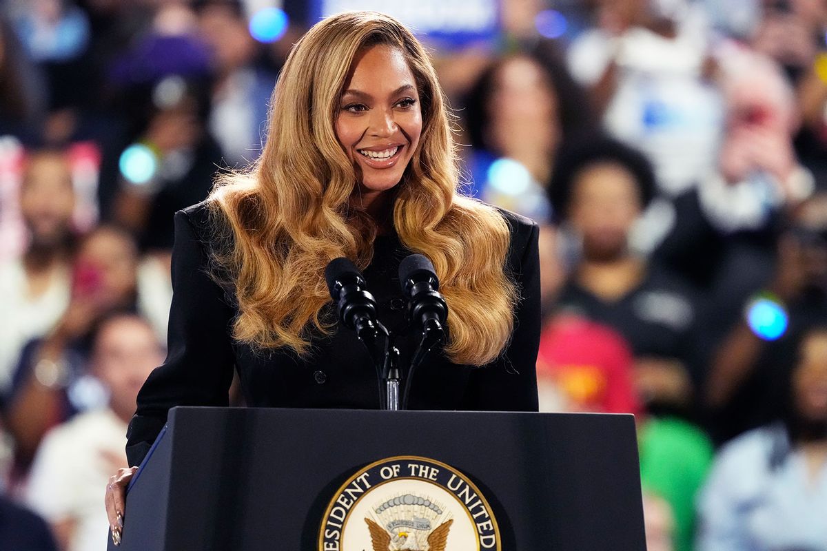 Houston native Beyoncé Knowles speaks during Vice President Kamala Harris rally Friday, Oct. 25, 2024 at Shell Energy Stadium in Houston. (Yi-Chin Lee/Houston Chronicle via Getty Images)