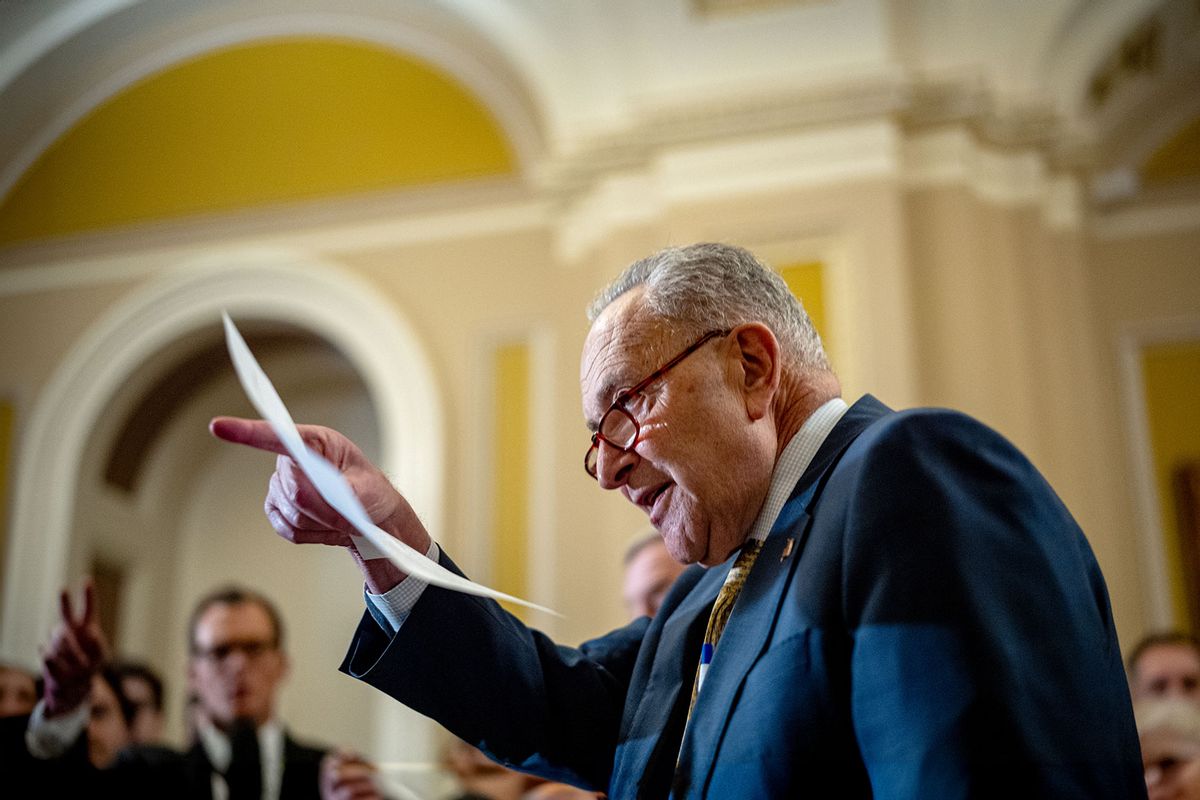 Senate Majority Leader Chuck Schumer (D-NY) takes a question from a reporter during a news conference following the weekly Senate Democratic policy luncheon at the U.S. Capitol on November 19, 2024 in Washington, DC. (Andrew Harnik/Getty Images)