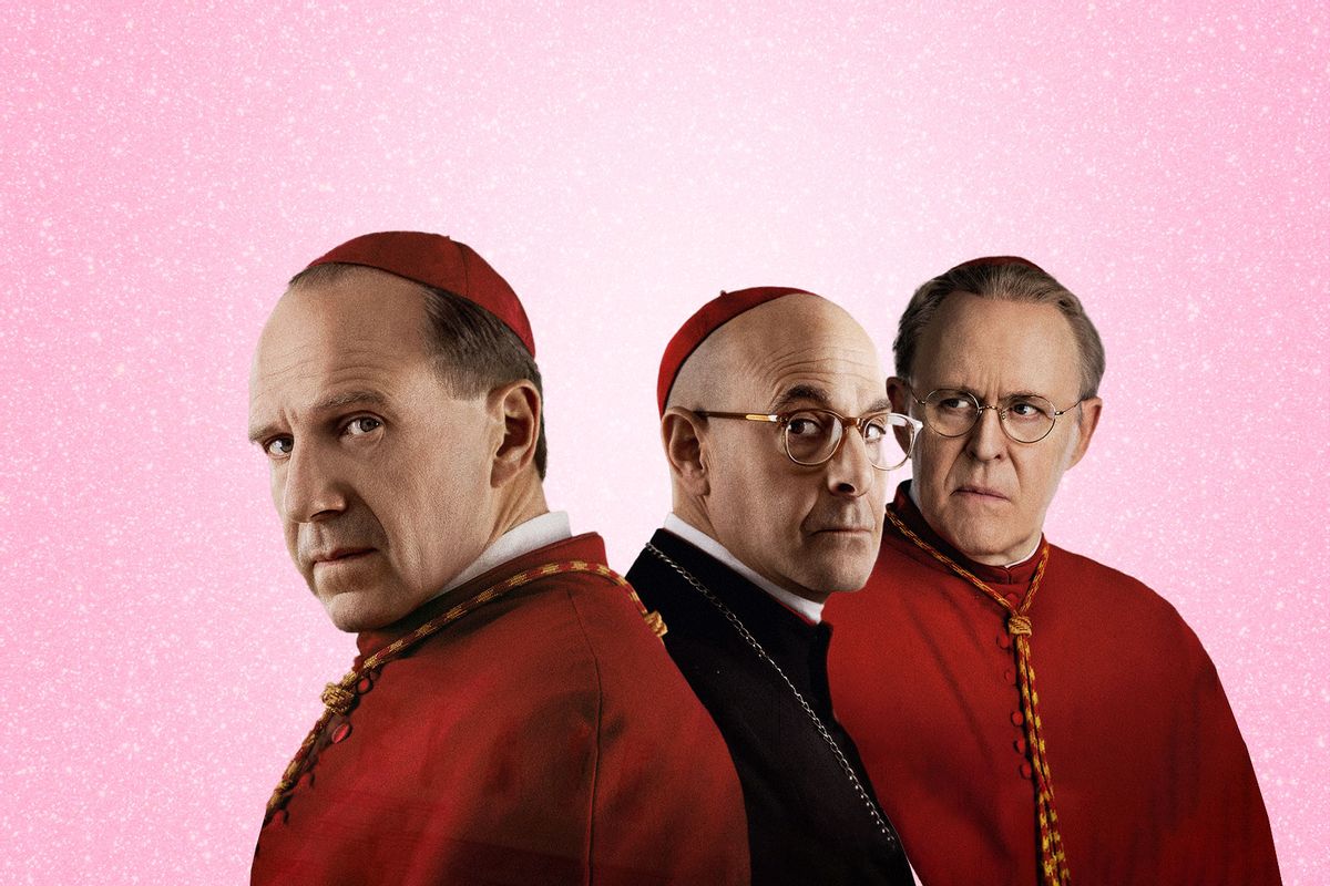 Ralph Fiennes as Cardinal Lawrence, Stanley Tucci as Cardinal Bellini and John Lithgow as Cardinal Tremblay in "Conclave" (Photo illustration by Salon/Focus Features/Getty Images)