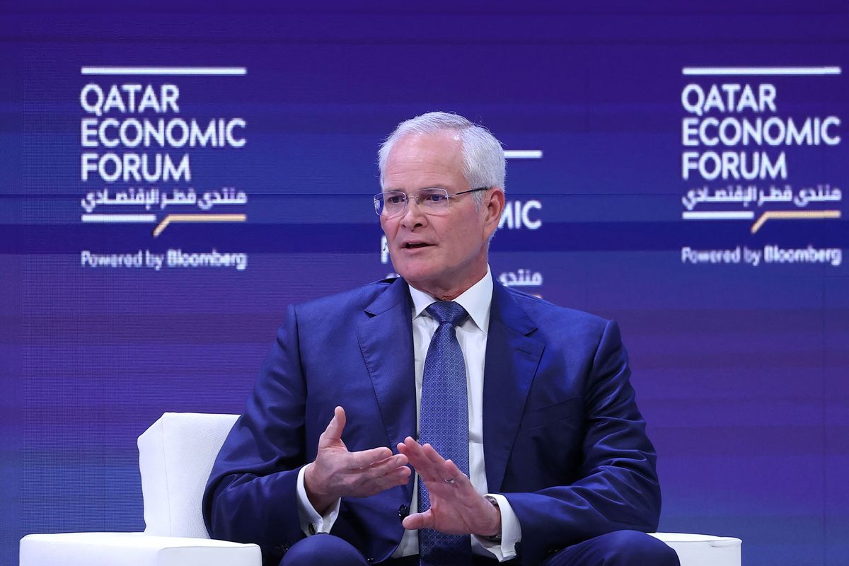 Chairman and CEO of ExxonMobil Darren Woods gestures as he speaks during a session at the Qatar Economic Forum in Doha on May 15, 2024. (KARIM JAAFAR/AFP via Getty Images)