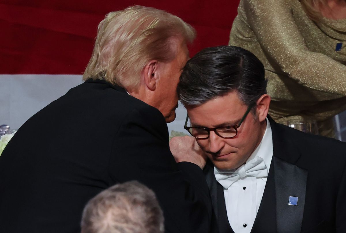 Republican presidential nominee, former President Donald Trump and House Speaker Mike Johnson, R-La., talk during the annual Alfred E. Smith Foundation Dinner on October 17, 2024 in New York City.  (Michael M. Santiago/Getty Images)