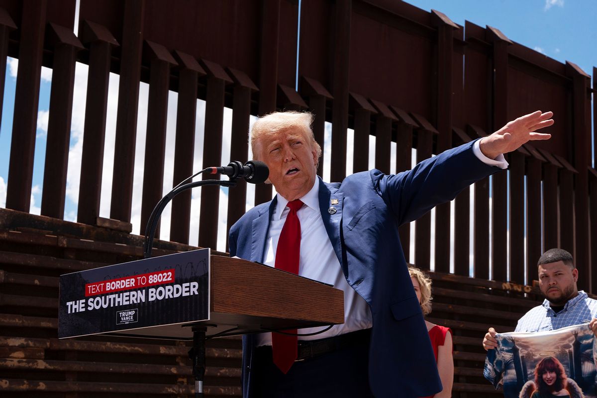 U.S. Republican Presidential Candidate and former President Donald Trump speaks at the U.S.-Mexico border on August 22, 2024 south of Sierra Vista, Arizona. (Rebecca Noble/Getty Images)