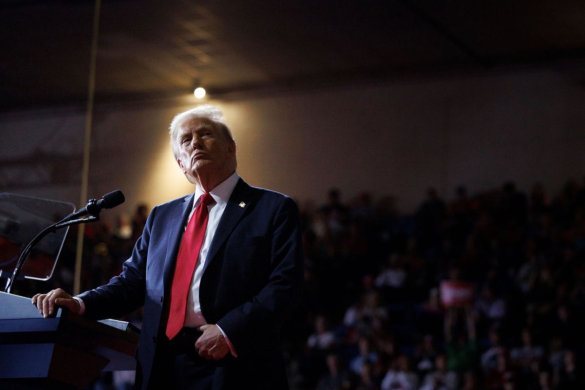 Republican Presidential Nominee Donald Trump pauses to a video during a campaign event at the Salem Civic Center in Salem, Virginia, on November 2, 2024. (Tom Brenner for The Washington Post via Getty Images)