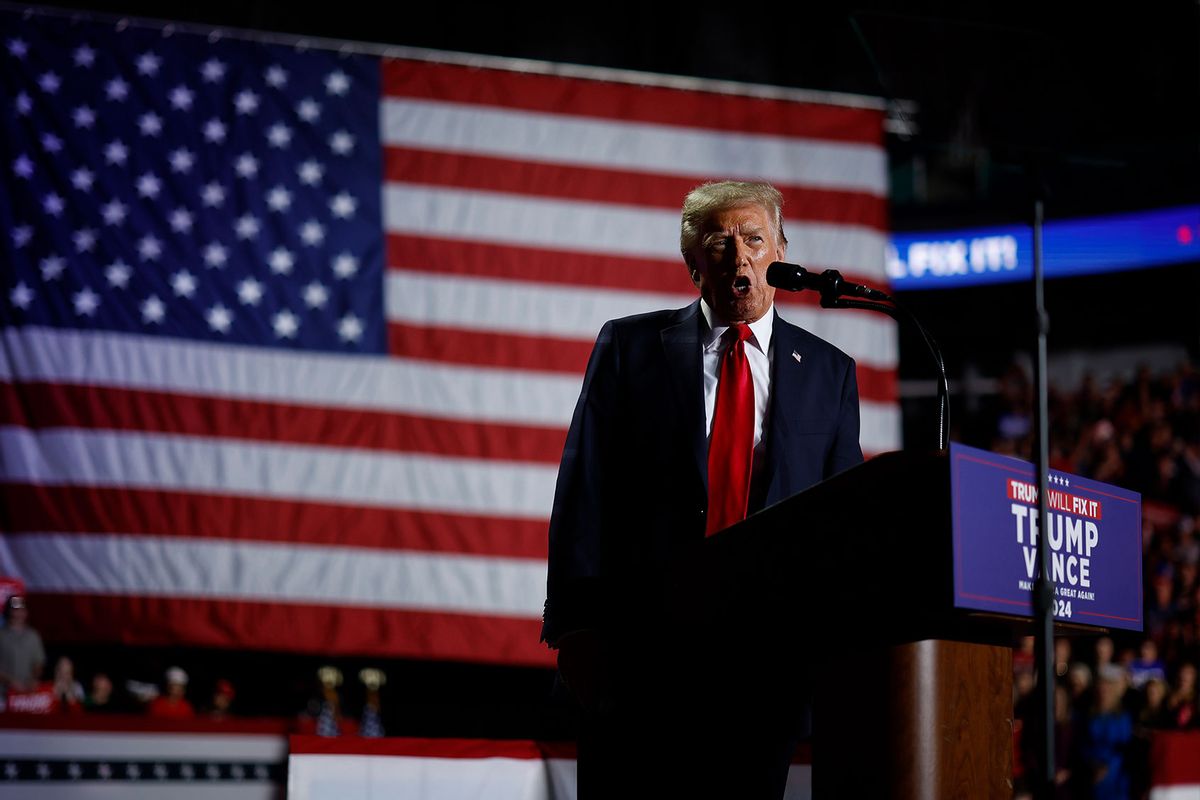 Republican presidential nominee, former U.S. President Donald Trump, speaks at a campaign rally at First Horizon Coliseum on November 02, 2024 in Greensboro, North Carolina. (Chip Somodevilla/Getty Images)