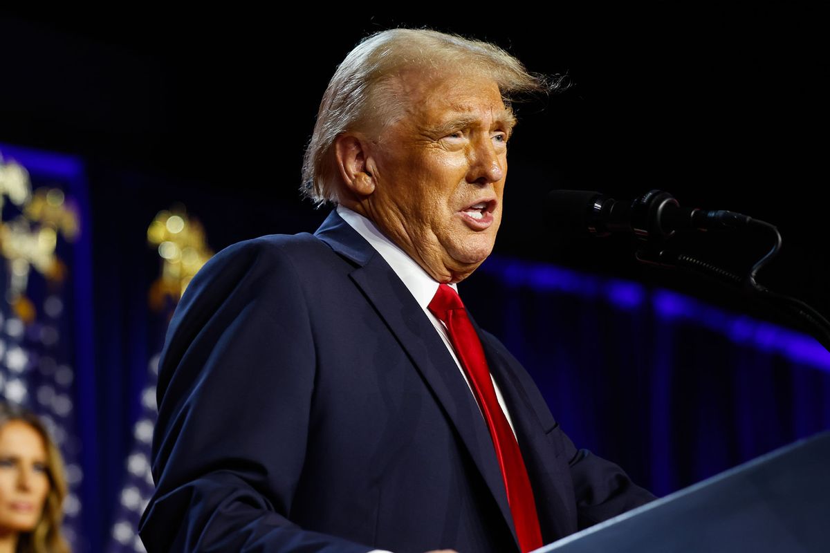 Republican presidential nominee, former U.S. President Donald Trump speaks during an election night event at the Palm Beach Convention Center on November 06, 2024 in West Palm Beach, Florida. (Chip Somodevilla/Getty Images)