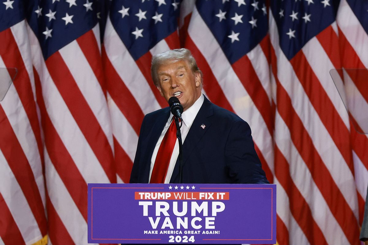 Republican presidential nominee, former U.S. President Donald Trump speaks during an election night event at the Palm Beach Convention Center on November 06, 2024 in West Palm Beach, Florida. (Joe Raedle/Getty Images)