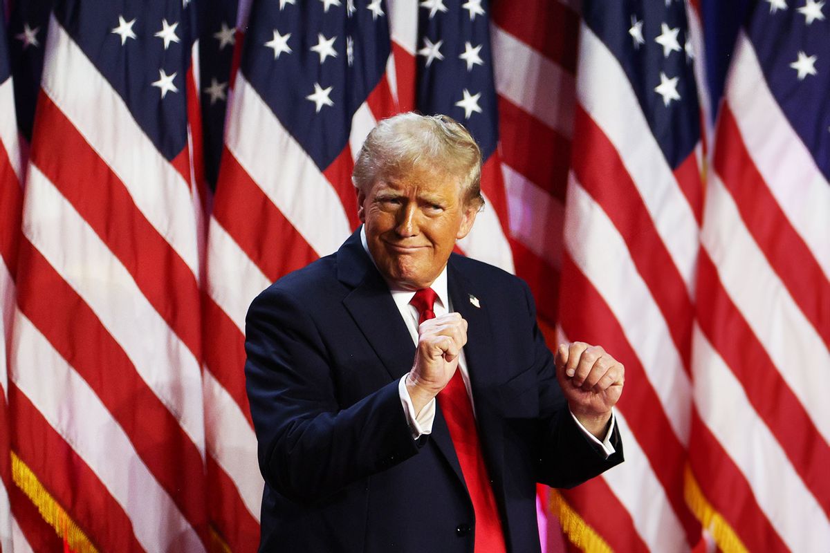 Republican presidential nominee, former U.S. President Donald Trump dances on stage during an election night event at the Palm Beach Convention Center on November 06, 2024 in West Palm Beach, Florida. (Photo illustration by Salon/John Moore/Getty Images)