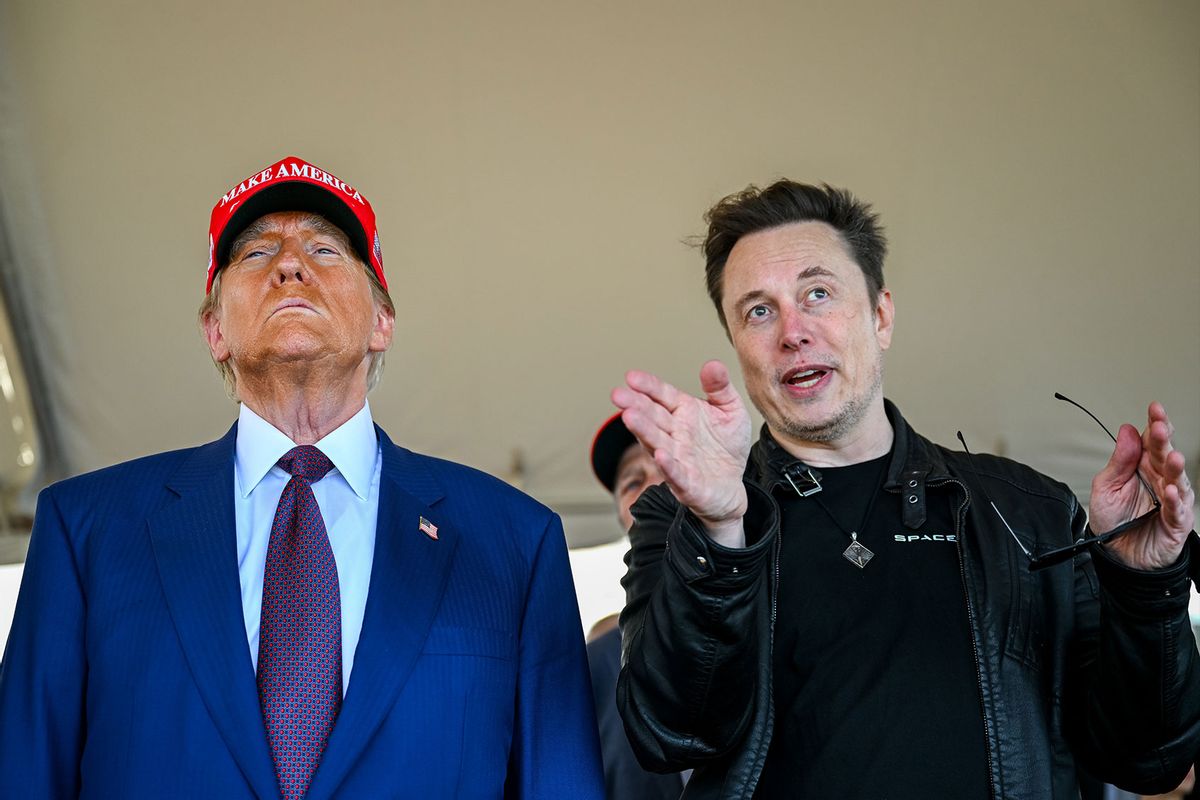 Elon Musk speaks with U.S. President-elect Donald Trump as they watch the launch of the sixth test flight of the SpaceX Starship rocket on November 19, 2024 in Brownsville, Texas. (Brandon Bell/Getty Images)