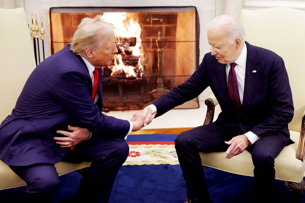 President Joe Biden shakes hands with President-elect Donald Trump in the Oval Office, Nov. 13, 2024. (Alex Wong/Getty Images)