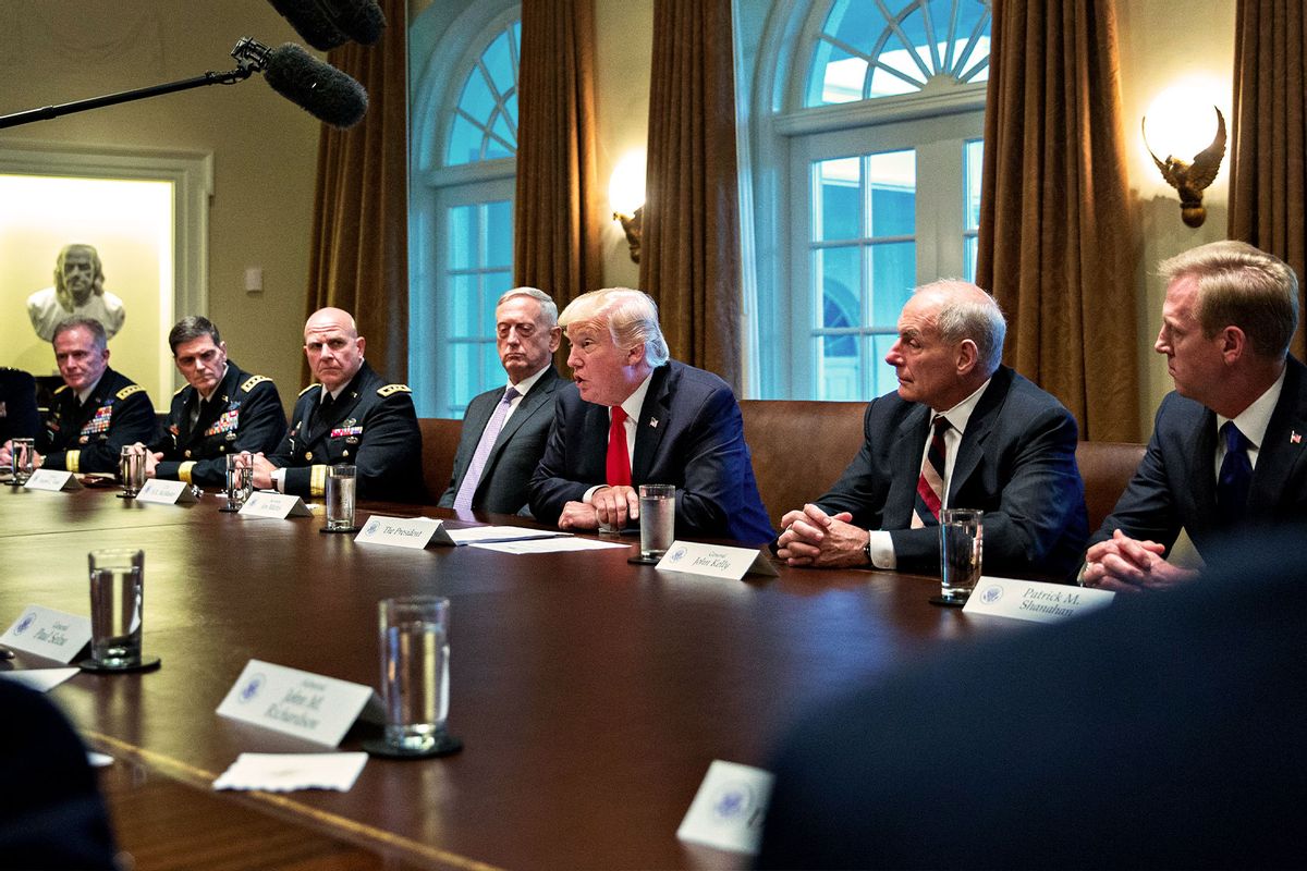 President Donald Trump with national security adviser H.R. McMaster (third left), Defense Secretary Jim Mattis (fourth left) and White House chief of staff John Kelly (to Trump's right) at a briefing with senior military leaders in the Cabinet Room of the White House, Oct. 5, 2017. (Andrew Harrer-Pool/Getty Images)