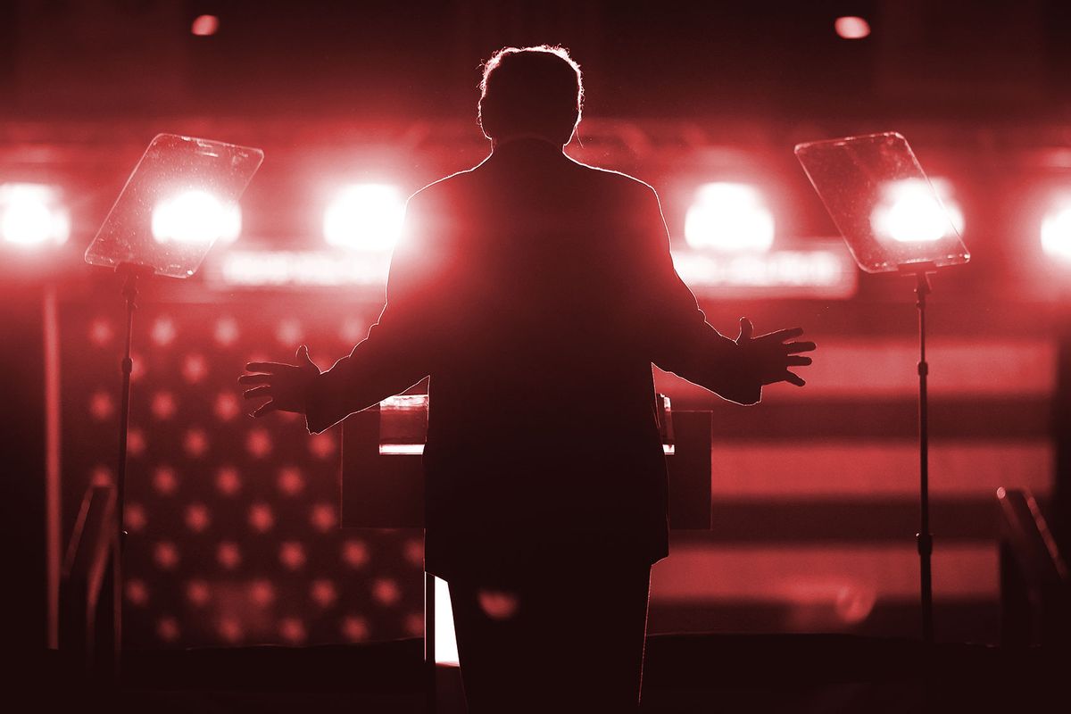 Silhouette of Donald Trump during a campaign rally at the Santander Arena on November 04, 2024 in Reading, Pennsylvania. (Chip Somodevilla/Getty Images)