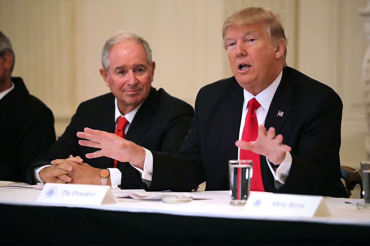 U.S. President Donald Trump (R) delivers opening remarks at the beginning of a policy forum with business leaders chaired by Blackstone Group CEO Stephen Schwarzman in the State Dining Room at the White House February 3, 2017 in Washington, DC. (Chip Somodevilla/Getty Images)