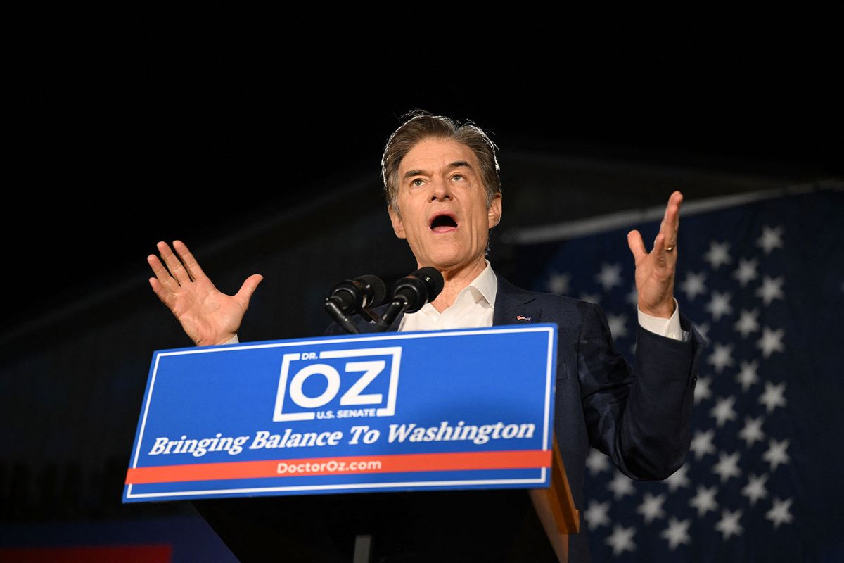 Republican Senatorial candidate for Pennsylvania Mehmet Oz speaks during a get out the vote rally ahead of the US midterm elections, in Pennsburg, Pennsylvania, on November 7, 2022. (ED JONES/AFP via Getty Images)