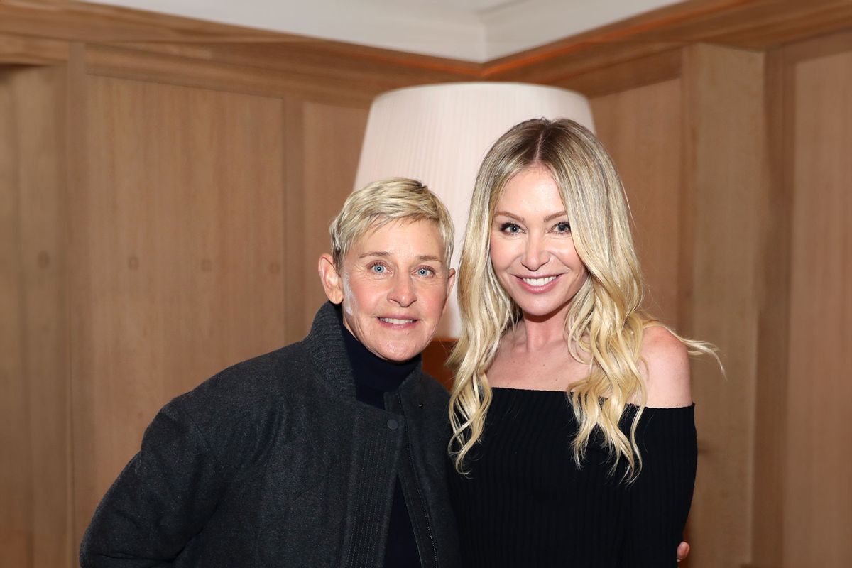 Ellen DeGeneres and Portia de Rossi are seen as RH Celebrates The Unveiling of RH San Francisco, The Gallery at the Historic Bethlehem Steel Building on March 17, 2022 in San Francisco, California. (Kelly Sullivan/Getty Images for RH)