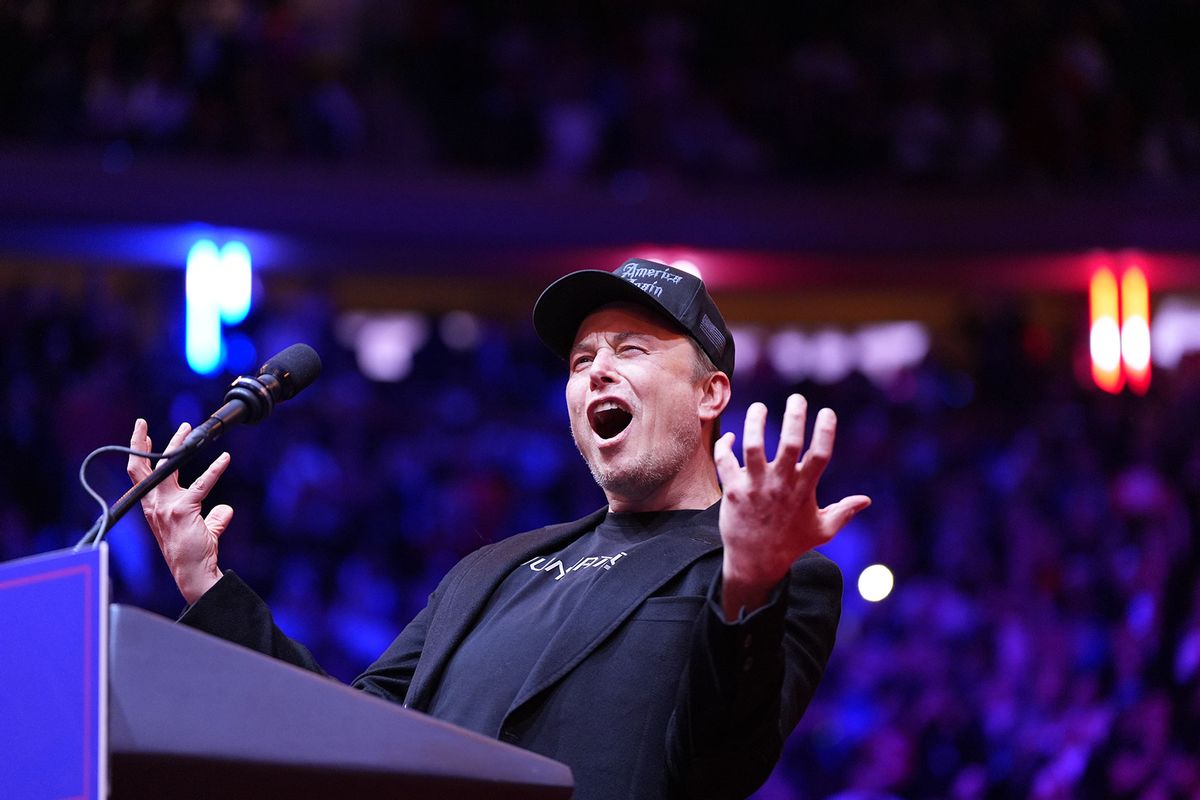 Elon Musk on stage before Republican presidential nominee former President Donald Trump speaks at a rally at Madison Square Garden in New York, NY on Sunday, October 27, 2024. (Jabin Botsford/The Washington Post via Getty Images)