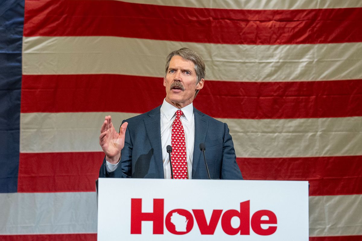 Wisconsin U.S. Senate candidate Eric Hovde talks to supporters at a watch party November 6, 2024 in Madison, Wisconsin. (Andy Manis/Getty Images)