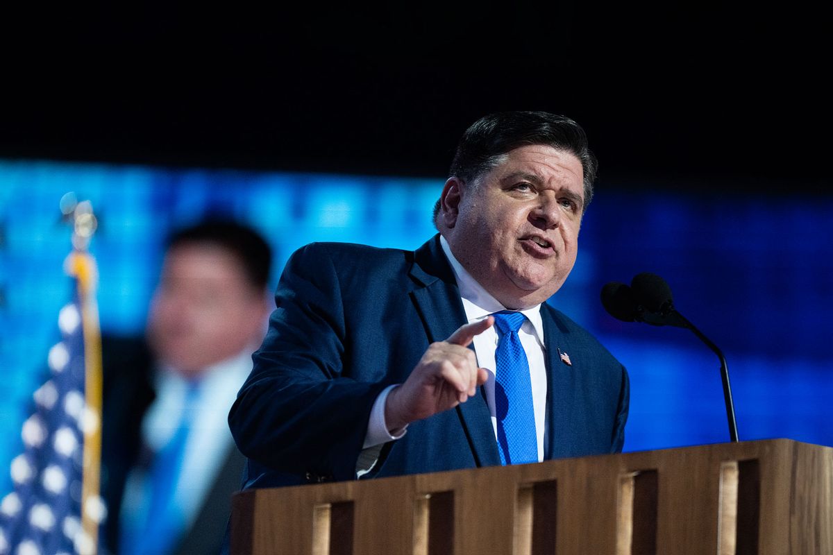 Illinois Gov. JB Pritzker speaks on the second night of the Democratic National Convention at the United Center in Chicago, Ill., on Tuesday, August 20, 2024. (Tom Williams/CQ-Roll Call, Inc via Getty Images)