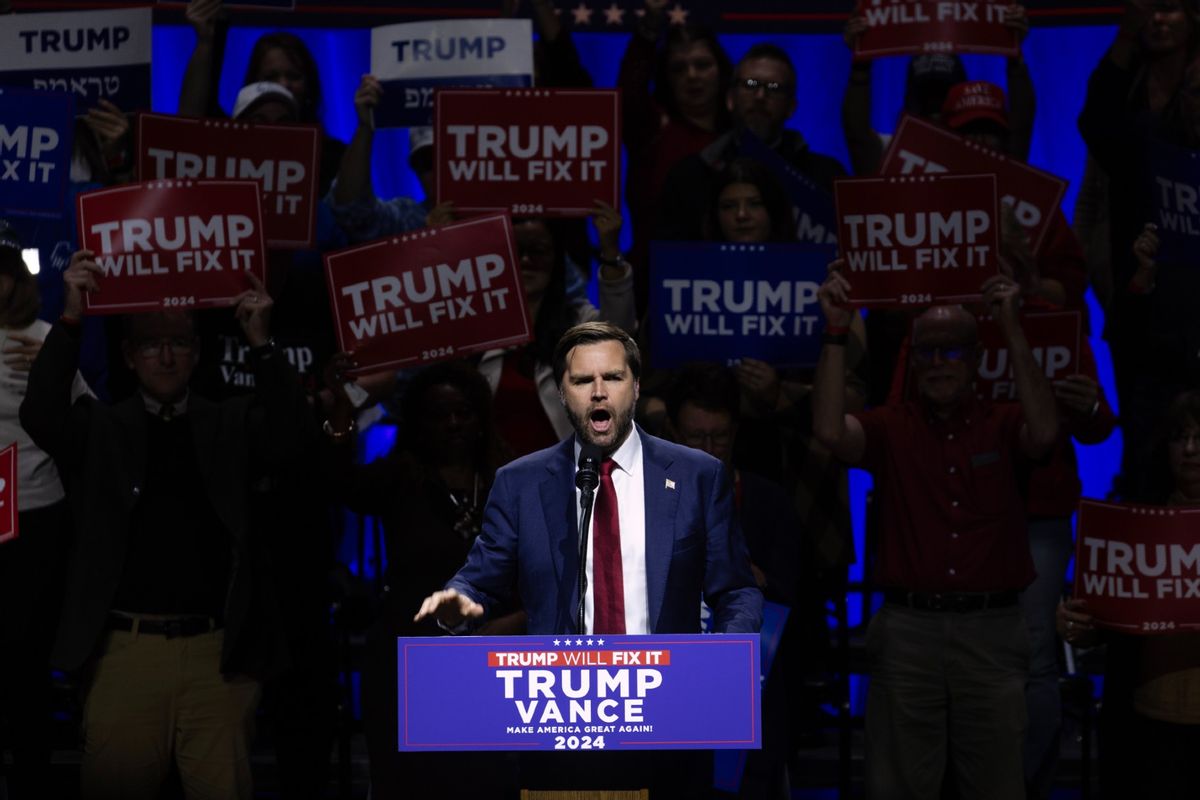 Republican nominee for vice president U.S. Sen. JD Vance (R-OH), speaks to supporters during a rally at the FIM Capital Theatre on November 4, 2024, in Flint, Michigan.  (Scott Olson/Getty Images)