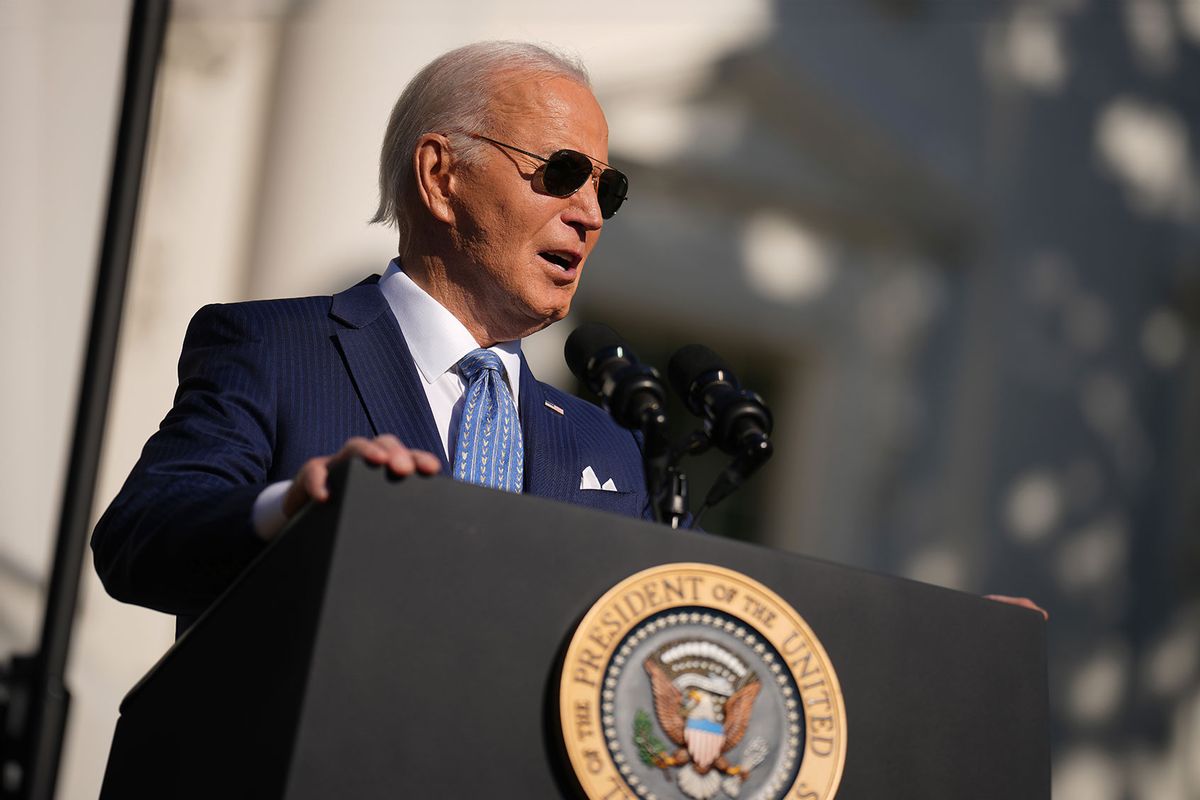 U.S. President Joe Biden delivers remarks before pardoning the National Thanksgiving Turkey Peach, along with an alternate Blossom, during a ceremony on the South Lawn of the White House on November 25, 2024 in Washington, DC. (Andrew Harnik/Getty Images)