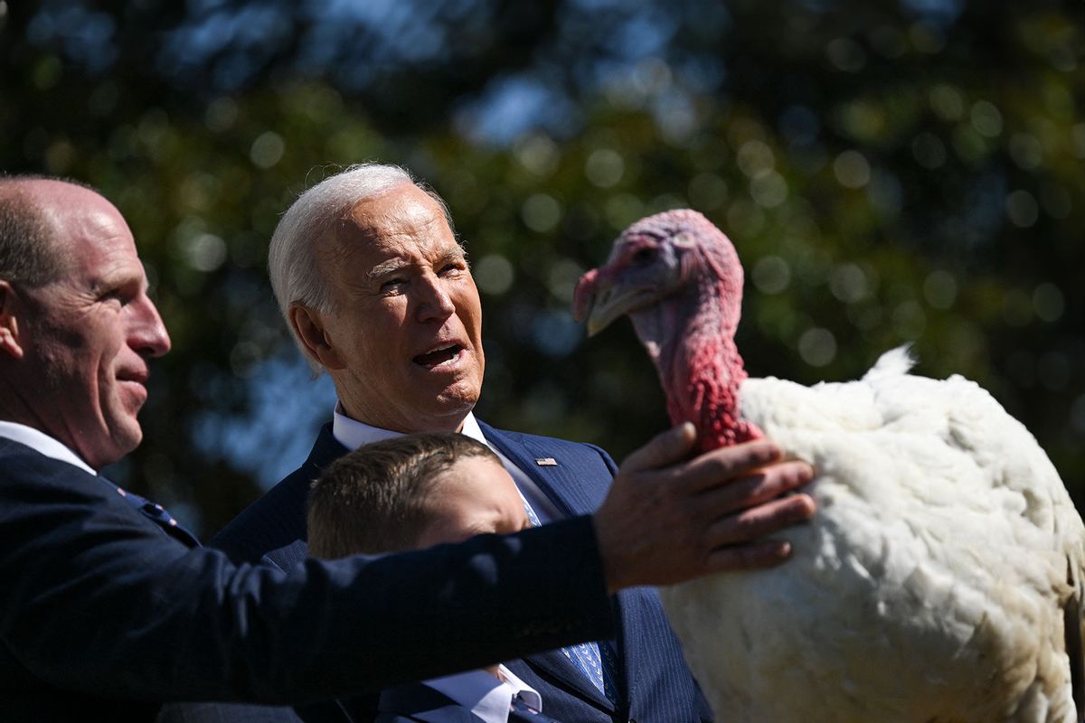 US President Joe Biden pardons Peach, the National Thanksgiving Turkey, alongside Chair of the National Turkey Federation John Zimmerman and his son Grant during an event on the South Lawn of the White House in Washington, DC, on November 25, 2024. (DREW ANGERER/AFP via Getty Images)