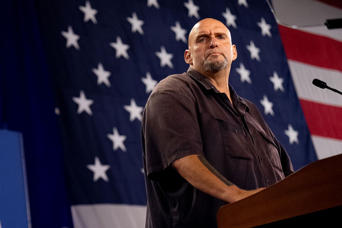 Sen. John Fetterman (D-PA) pauses while speaking at a rally for Democratic vice presidential nominee Minnesota Gov. Tim Walz at York Exposition Center UPMC Arena on October 2, 2024 in York, Pennsylvania. (Andrew Harnik/Getty Images)